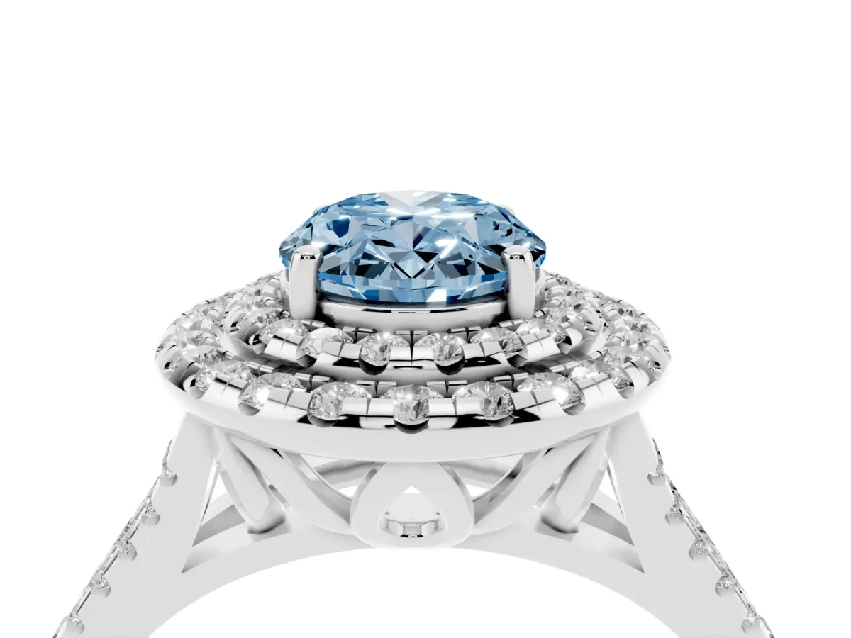 Fancy Blue Double Halo Oval Cut Diamond Pavé Split Shank Ring with Prong Setting White gold