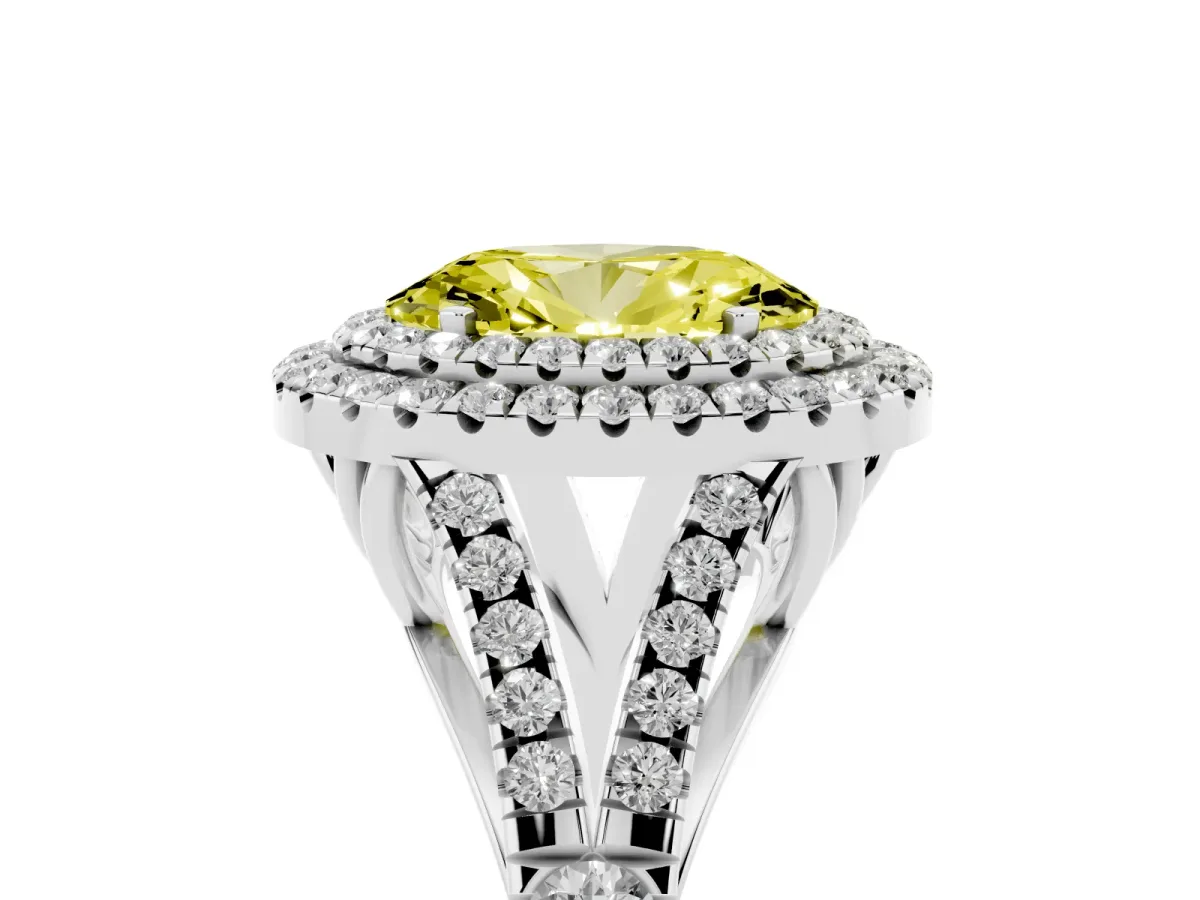 Fancy Yellow Double Halo Oval Cut Diamond Split Shank Engagement Ring with Four-Prong Setting Silver