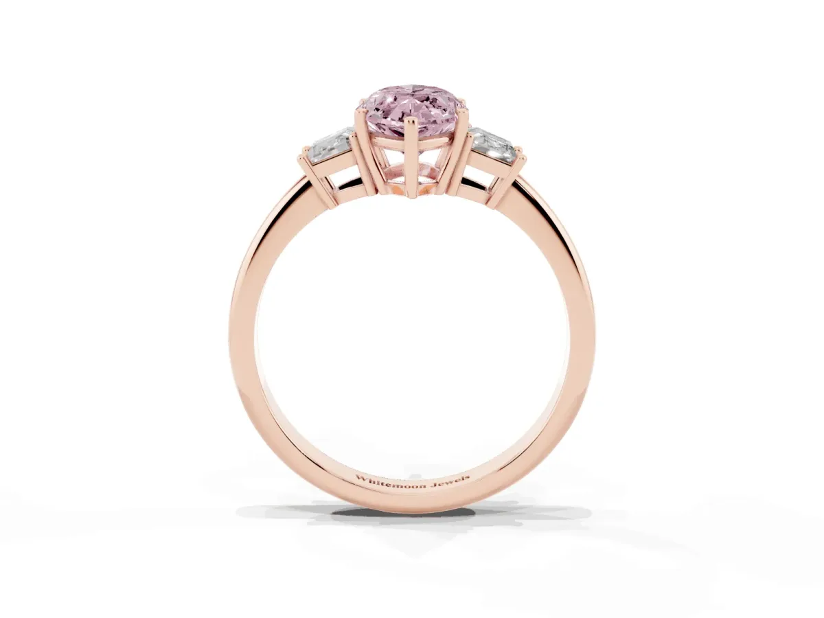 Fancy Pink Marquise Cut Diamond Three-Stone Ring with Trapezoid Side Stones and Prong Setting Rose gold