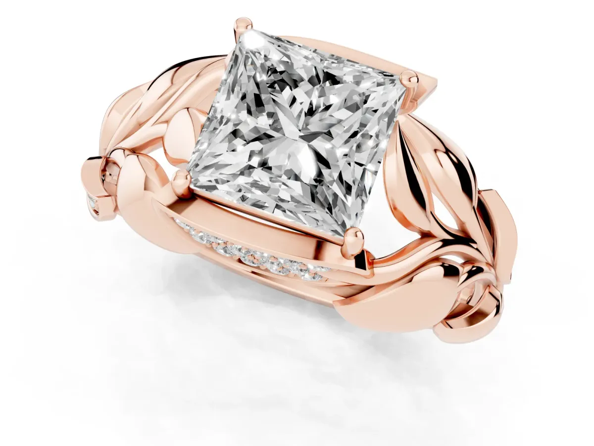 Princess Cut Diamond Leaf-Inspired Engagement Ring with Round Accents and Prong Setting Rose gold