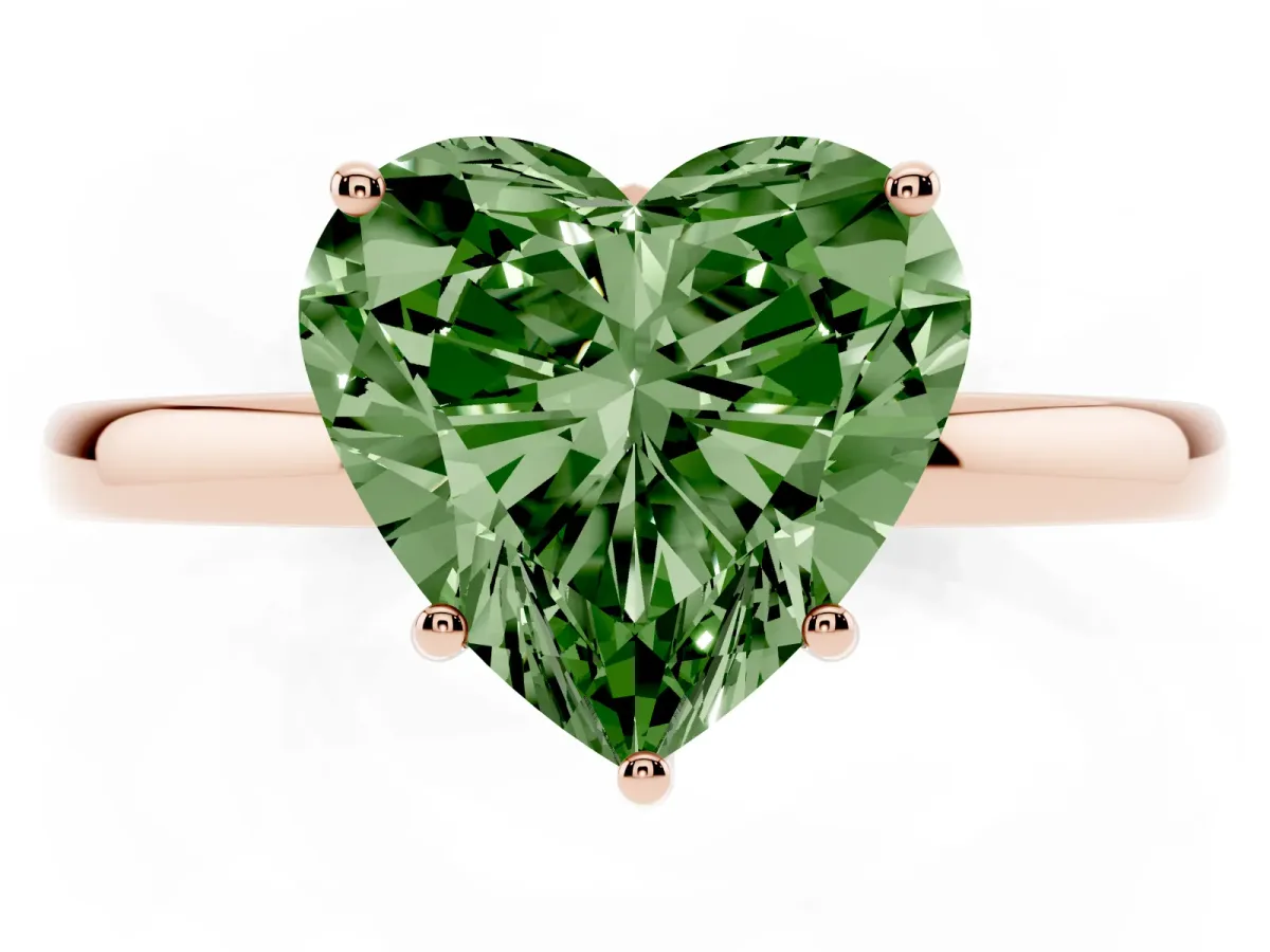 Fancy Green Heart Cut Solitaire Diamond Ring with Prong Setting and Plain Band Rose gold