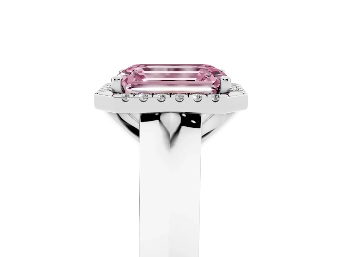 Fancy Pink Emerald Cut Halo Diamond Ring with Cathedral Band and Four-Prong Setting Silver
