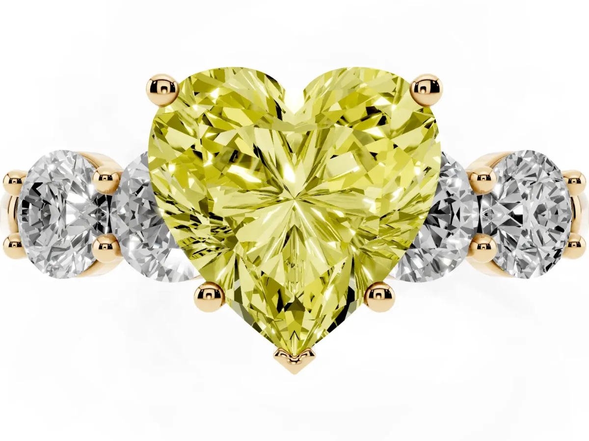 Fancy Yellow Heart Cut Cut Five-Stone Prong Set Diamond Ring with Classic Band Yellow gold