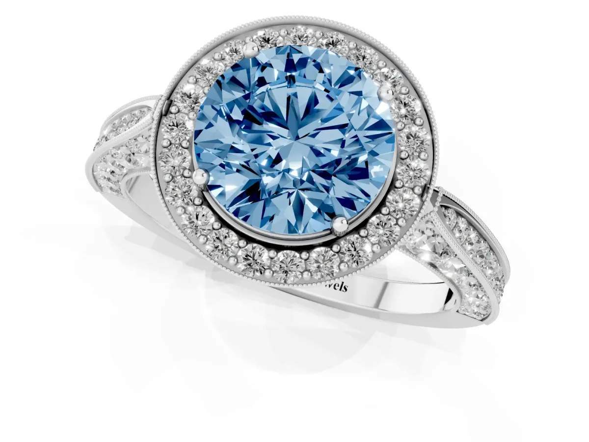 Fancy Blue Round Cut Halo Diamond Engagement Ring with Split Shank Band and Four-Prong Setting Silver