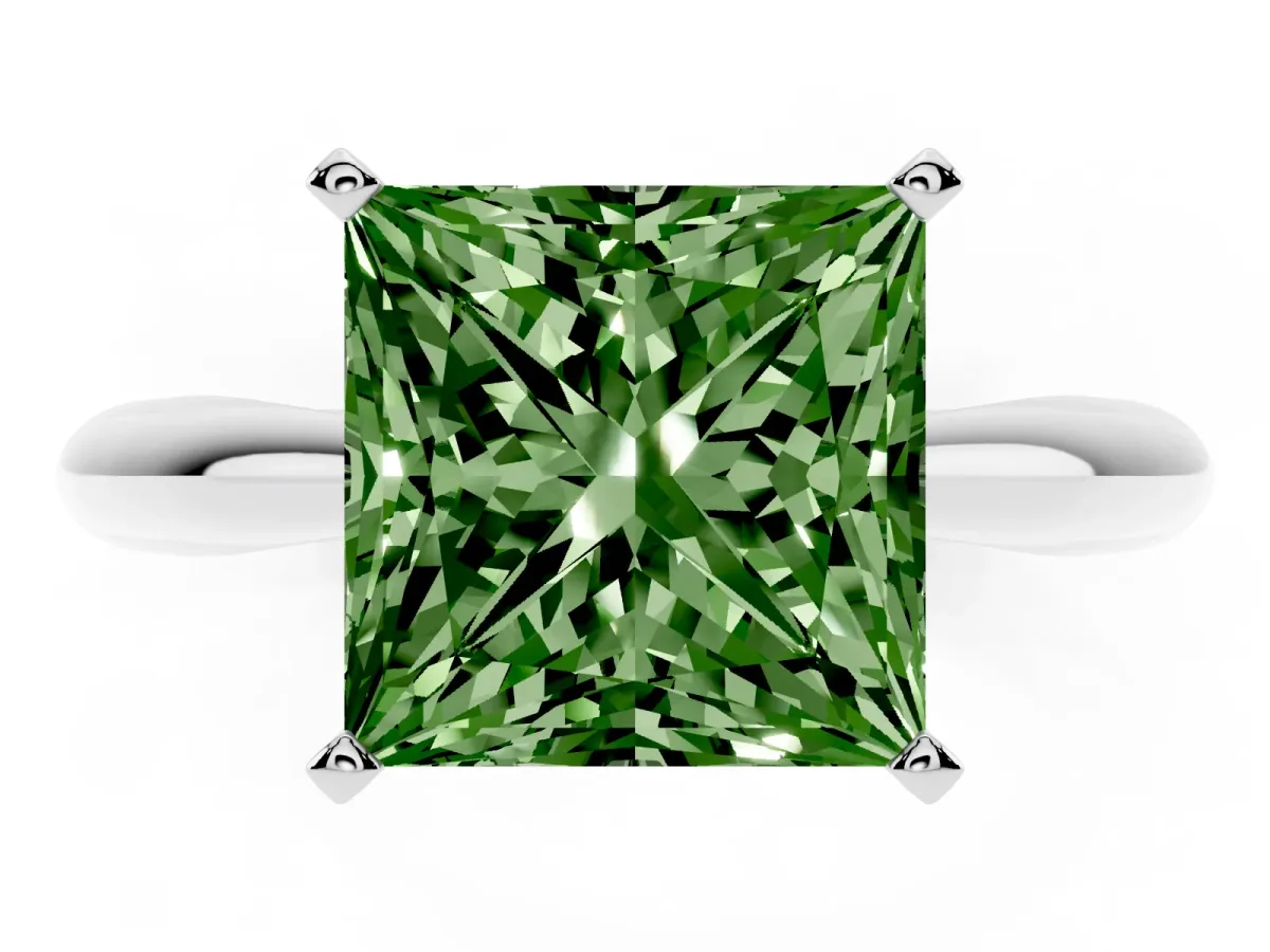 Fancy Green Princess Cut Diamond Solitaire Engagement Ring with Cathedral Setting and Four-Prong Mount Silver