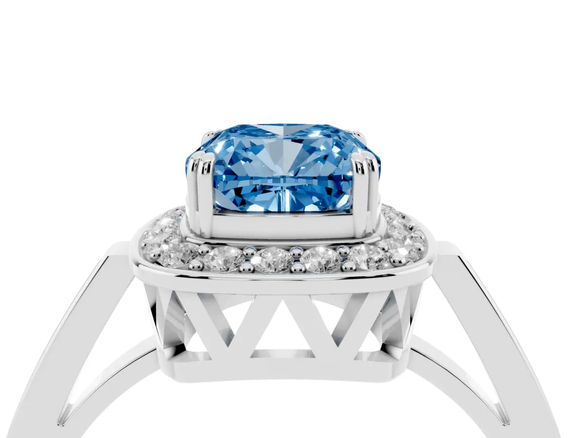 Fancy Blue Cushion Cut Diamond Halo Ring with Split Shank and Four-Prong Setting Silver