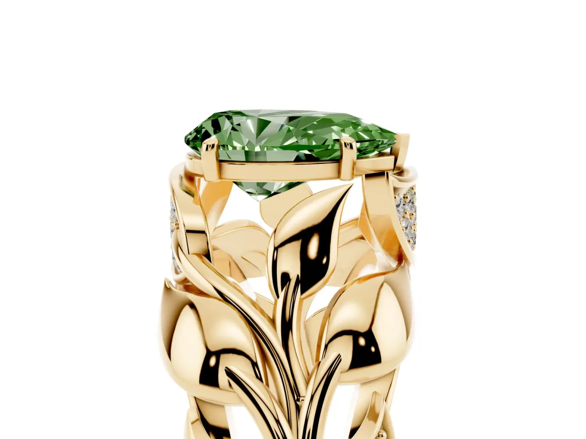 Fancy Green Pear Cut Diamond Leaf-Inspired Engagement Ring with Round Accents and Prong Setting Yellow gold