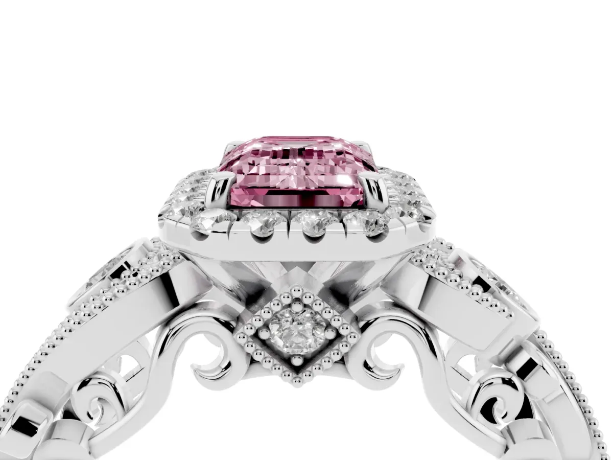 Fancy Pink Emerald Cut Halo Diamond Ring with Milgrain and Bezel Accents on a Split Shank Band White gold