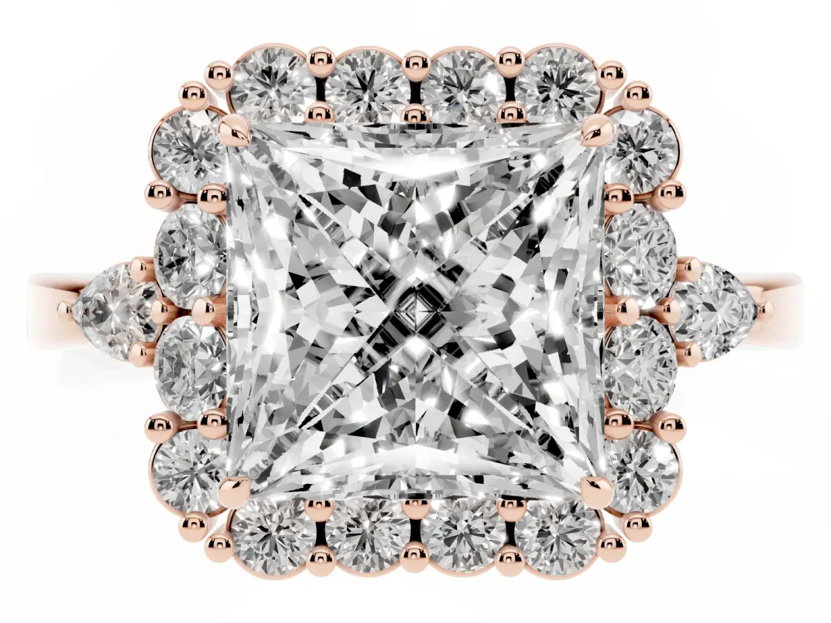 Princess Cut Diamond Halo Ring with Pear Side Stones and Prong Setting Rose gold