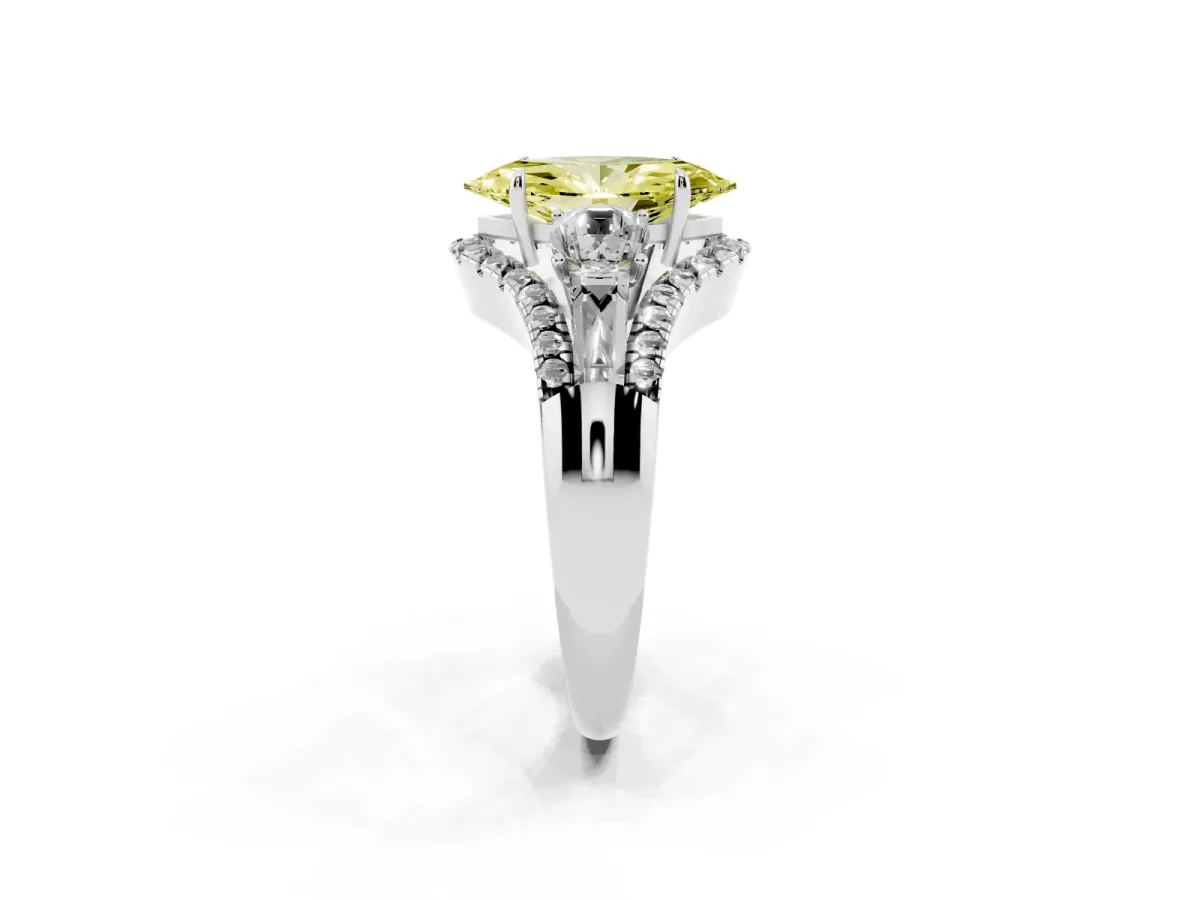 Fancy Yellow Three-Stone Marquise Cut Diamond Engagement Ring with Pave Band and Prong Setting Silver