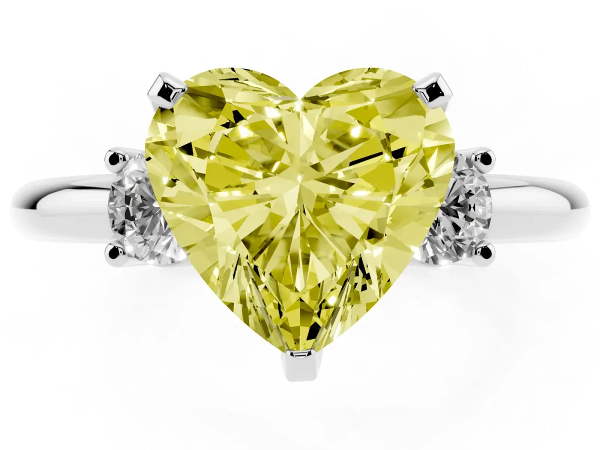 Fancy Yellow Three-Stone Heart Cut Cut Diamond Solitaire with Prong Setting and Classic Band Silver