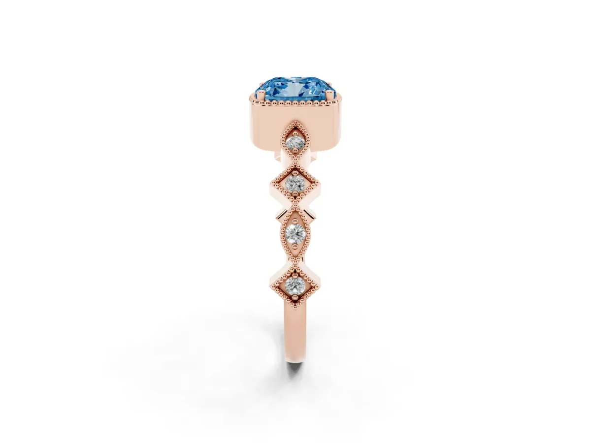 Fancy Blue Cushion Cut Milgrain Marquise Diamond Twist Band Ring Rose gold