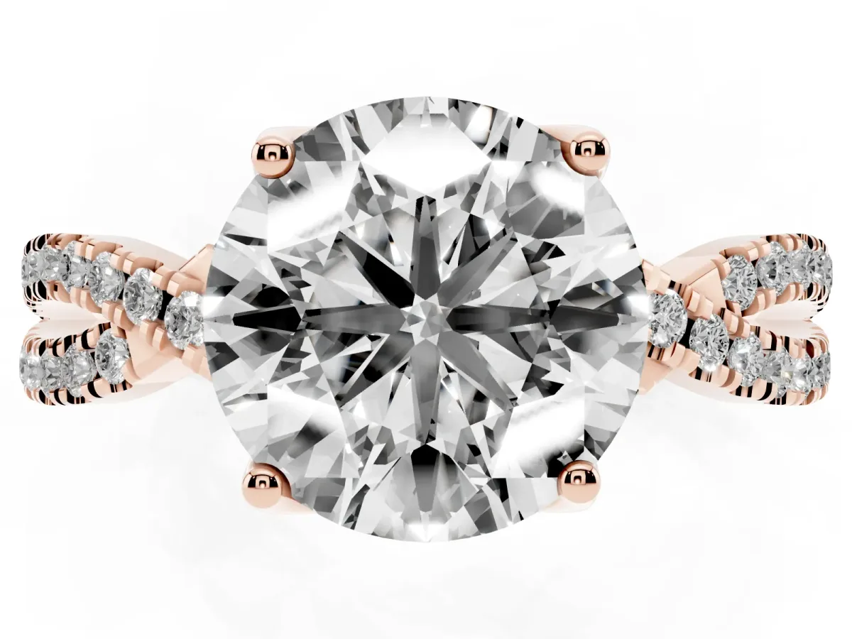 Round Cut Solitaire Twist Pave Diamond Engagement Ring with Prong Setting Rose gold