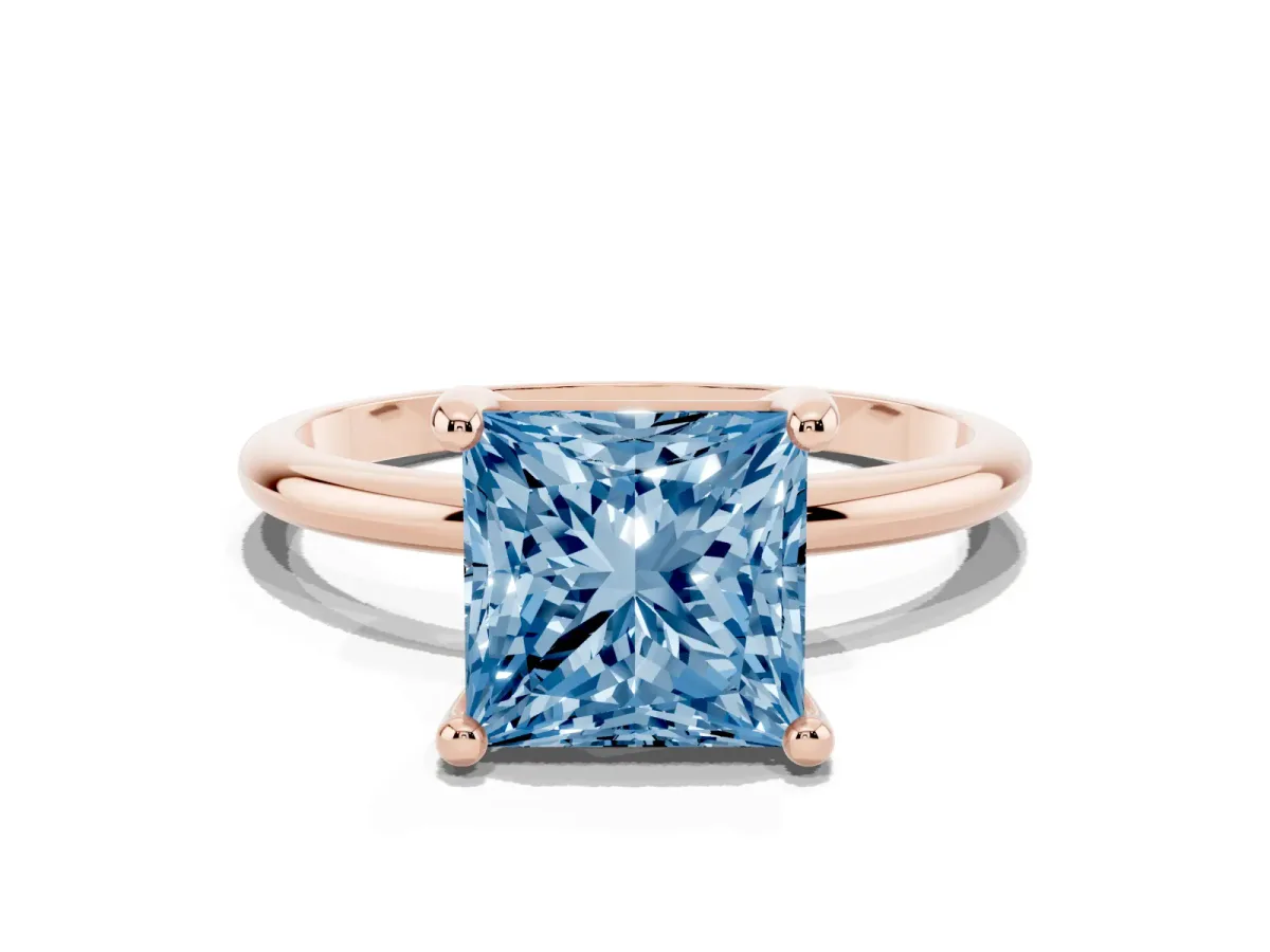 Fancy Blue Princess Cut Solitaire Diamond Ring with 4-Prong Setting on a Classic Band Rose gold