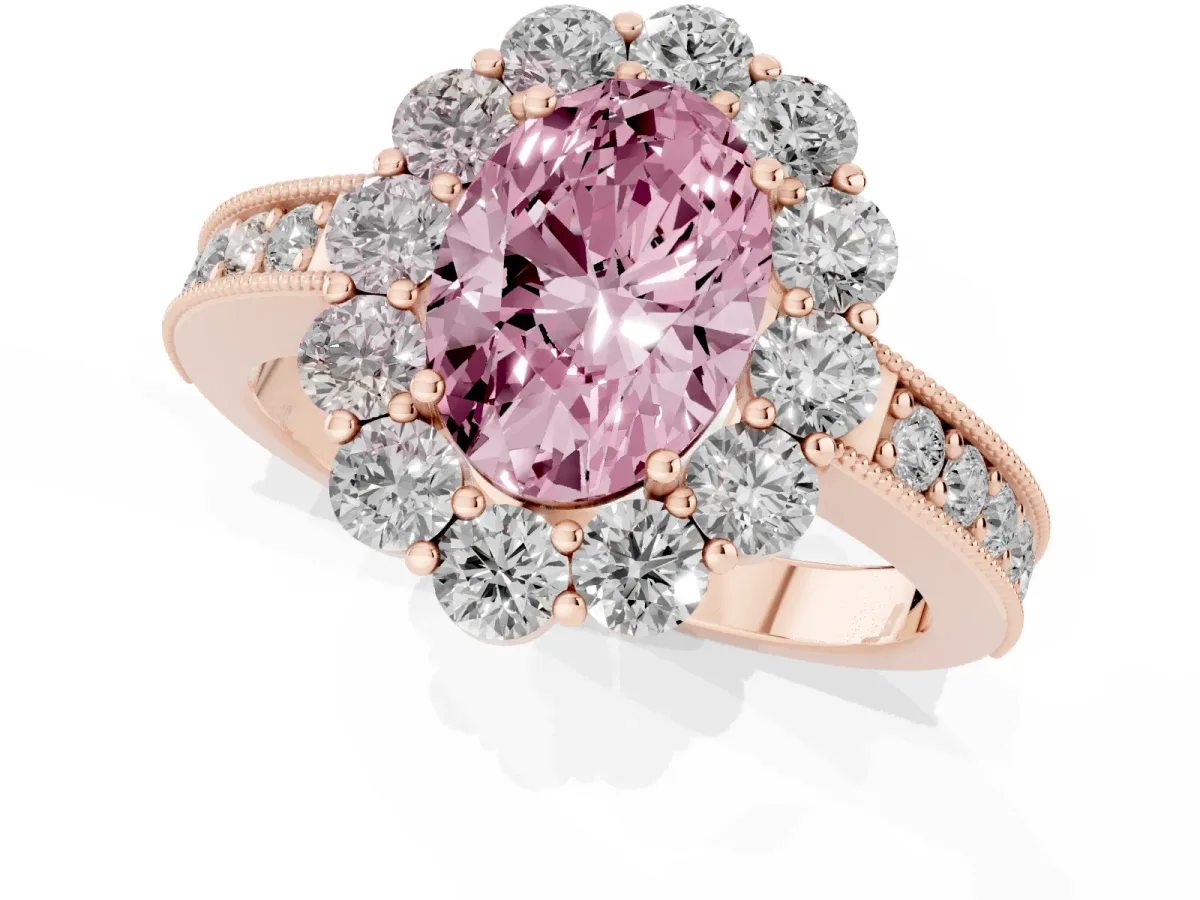 Fancy Pink Oval Cut Cut Halo Diamond Pavé Engagement Ring with Milgrain Detailing Rose gold