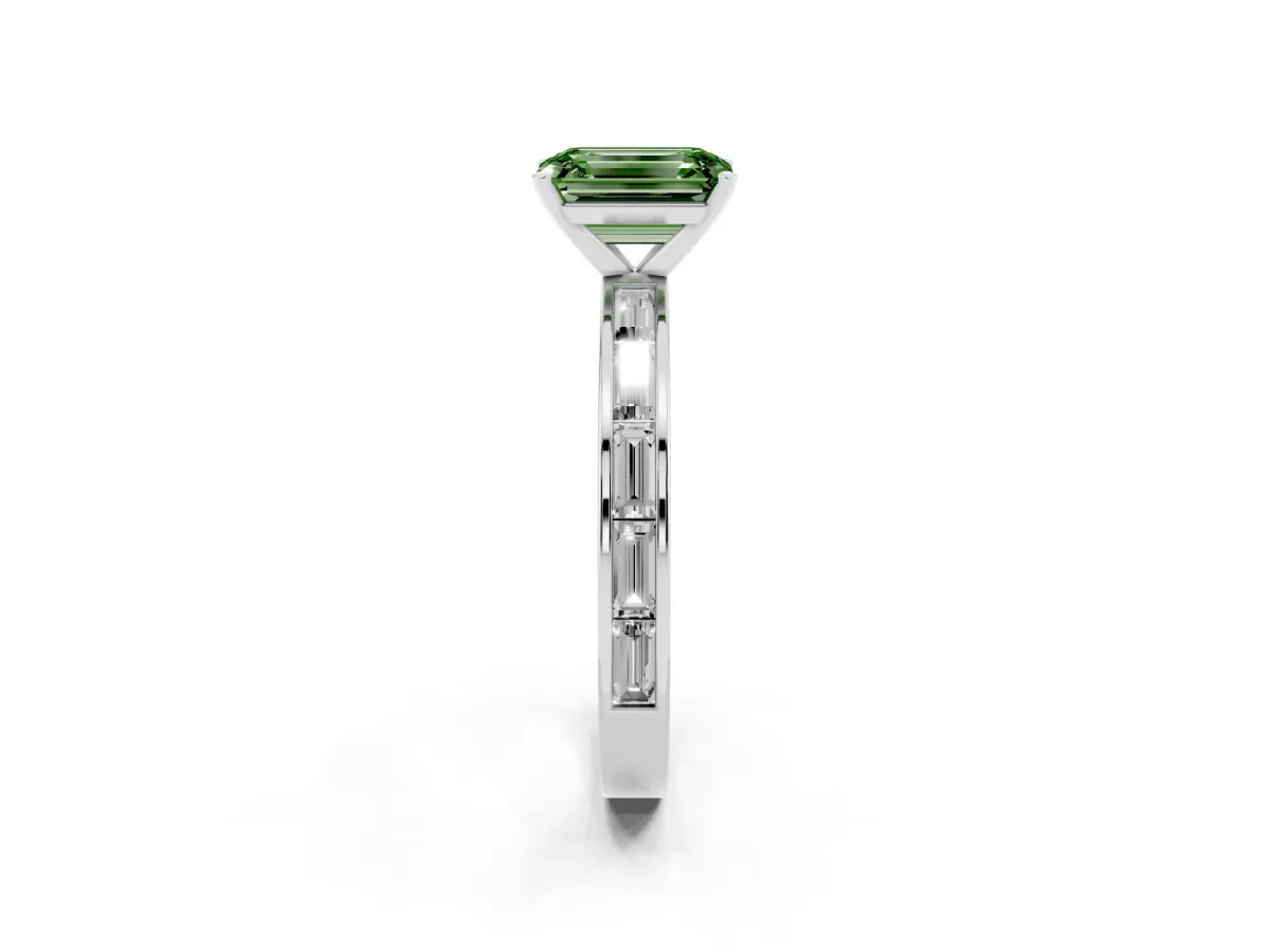Fancy Green Emerald Cut Solitaire Diamond Ring with Channel-Set Baguette Band and Four-Prong Setting White gold