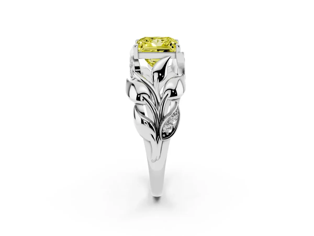 Fancy Yellow Princess Cut Diamond Leaf-Inspired Engagement Ring with Round Accents and Prong Setting White gold