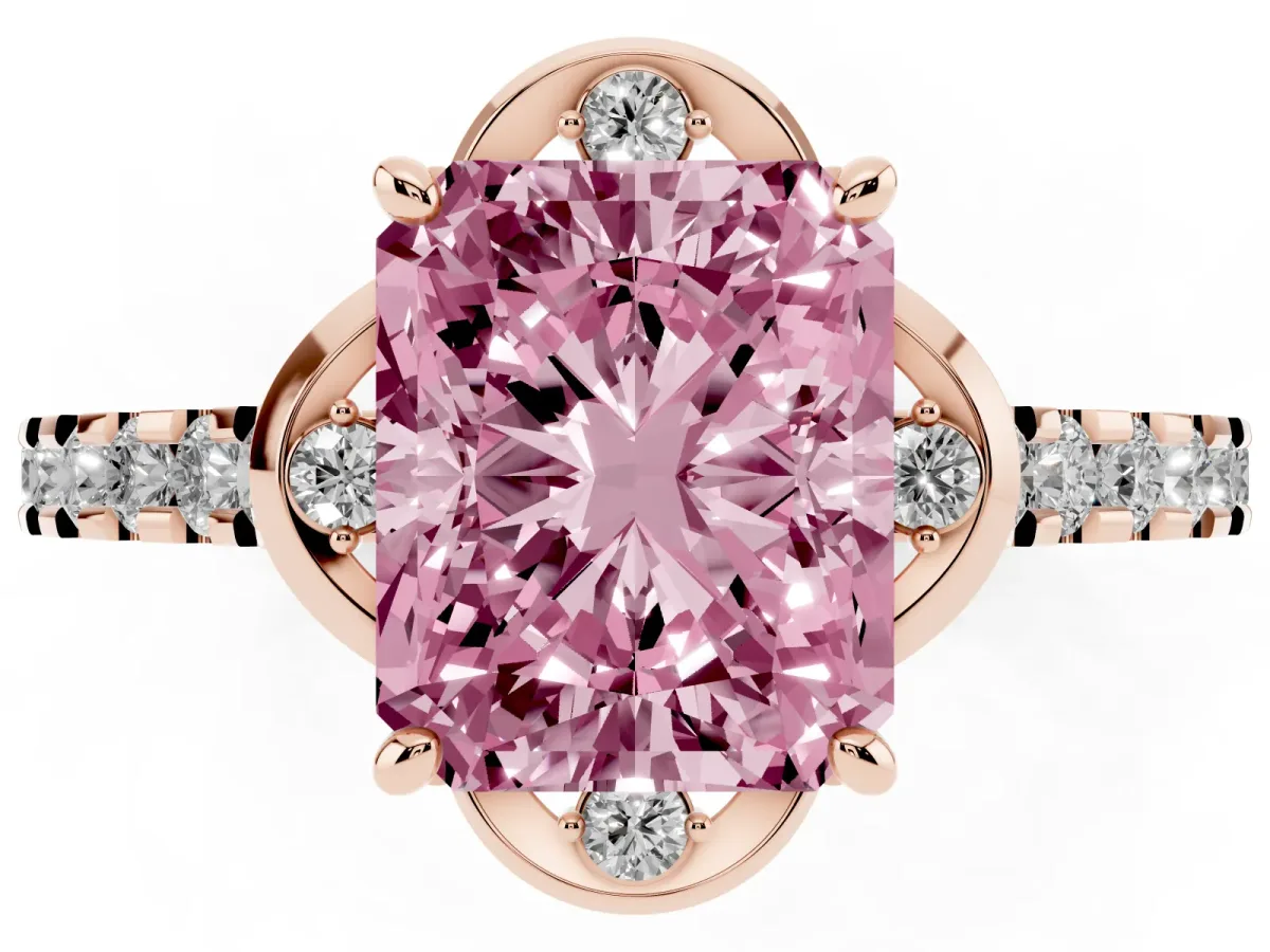 Fancy Pink Radiant Cut Diamond Ring with Pavé Band and Floral Prong Setting Rose gold