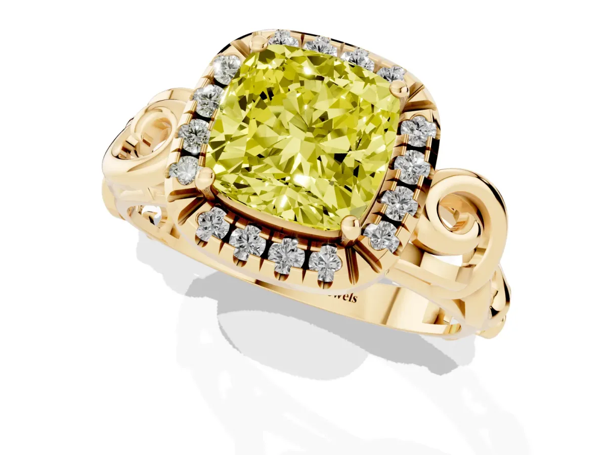 Fancy Yellow Cushion Cut Cut Halo Diamond Ring with Scrollwork Band and Four-Prong Setting Yellow gold