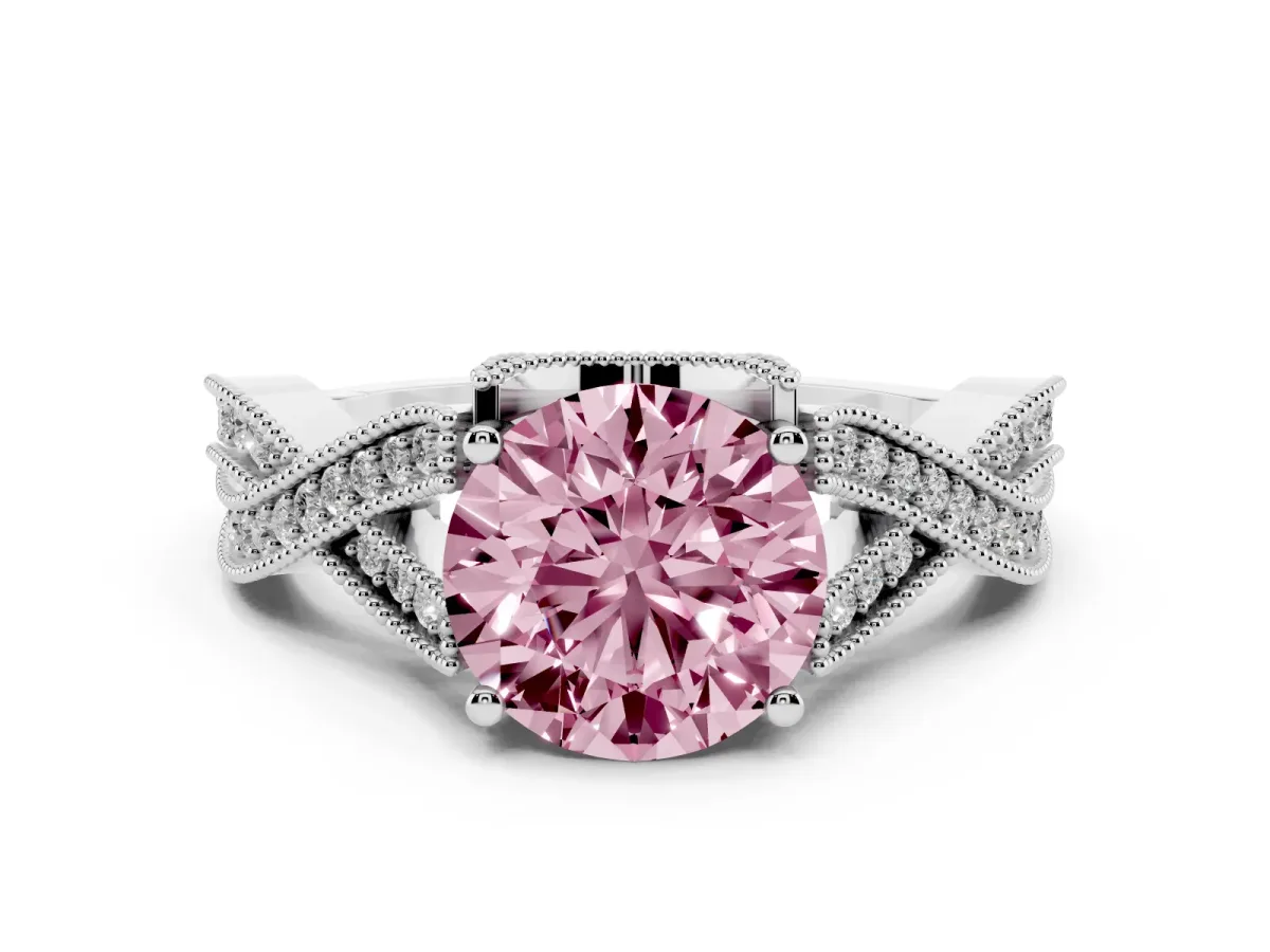 Fancy Pink Round Cut Cut Diamond Twisted Band with Milgrain Pave Setting and Four-Prong Setting Silver