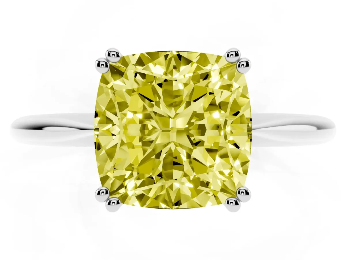 Fancy Yellow Cushion Cut Solitaire Diamond Ring with Six-Prong Setting and Classic Band Silver