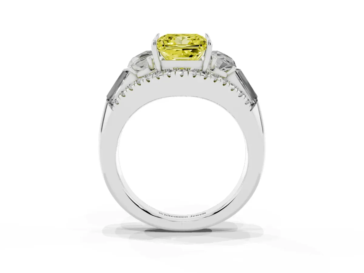 Fancy Yellow Three-Stone Princess Cut Diamond Engagement Ring with Pave Band and Prong Setting Silver