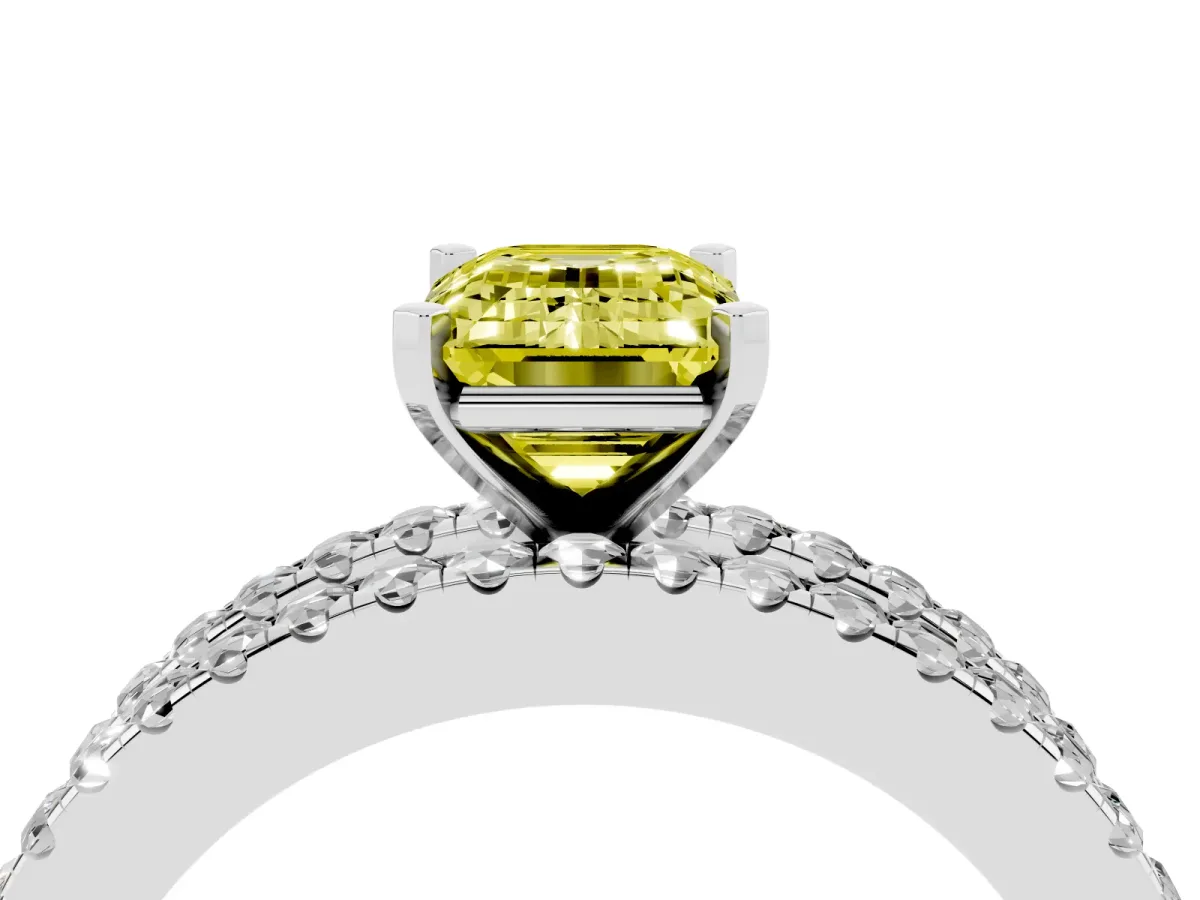Fancy Yellow Emerald Cut Diamond Solitaire Ring with Pavé and Channel Set Band Silver