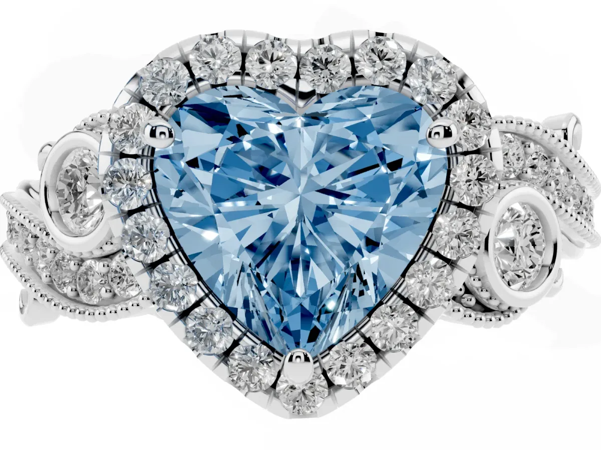 Fancy Blue Heart Cut Halo Diamond Ring with Milgrain and Bezel Accents on a Split Shank Band Platinum