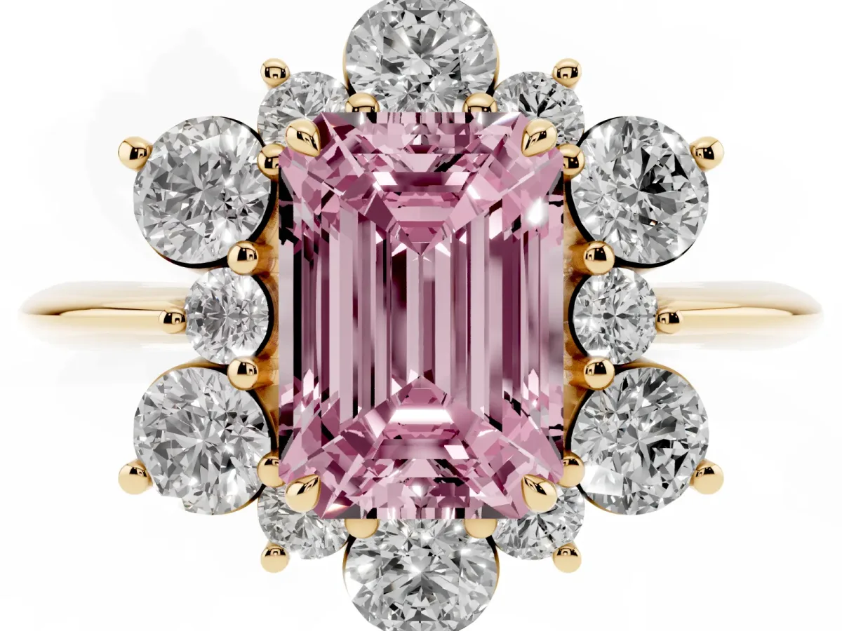 Fancy Pink Emerald Cut Diamond Cluster Halo Ring with Solitaire Band and Four-Prong Setting Yellow gold