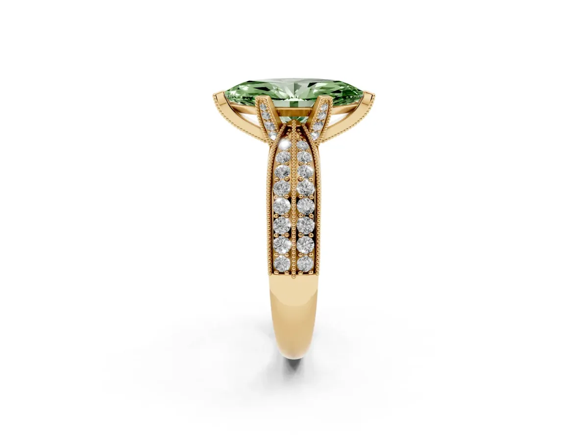 Fancy Green Marquise Cut Diamond Solitaire Ring with Milgrain Round Pavé Band and Prong Setting Yellow gold