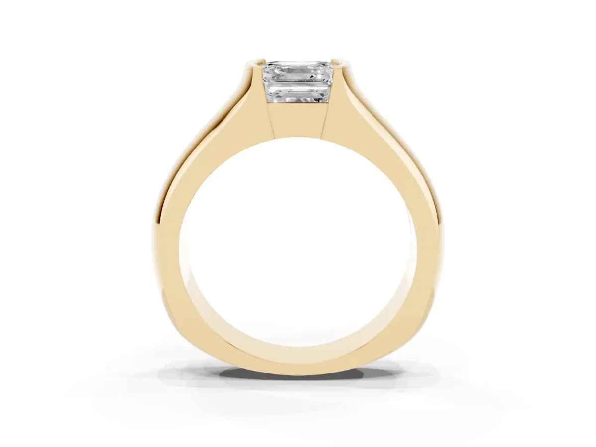 Asscher Cut Solitaire Bezel Set Diamond Ring with Wide Band Yellow gold