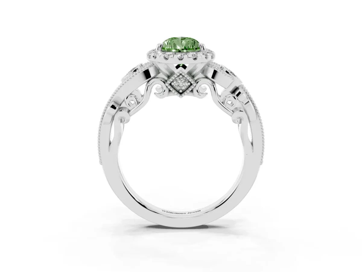Fancy Green Pear Cut Diamond Halo Ring with Milgrain Pavé Band and Four-Prong Setting Platinum