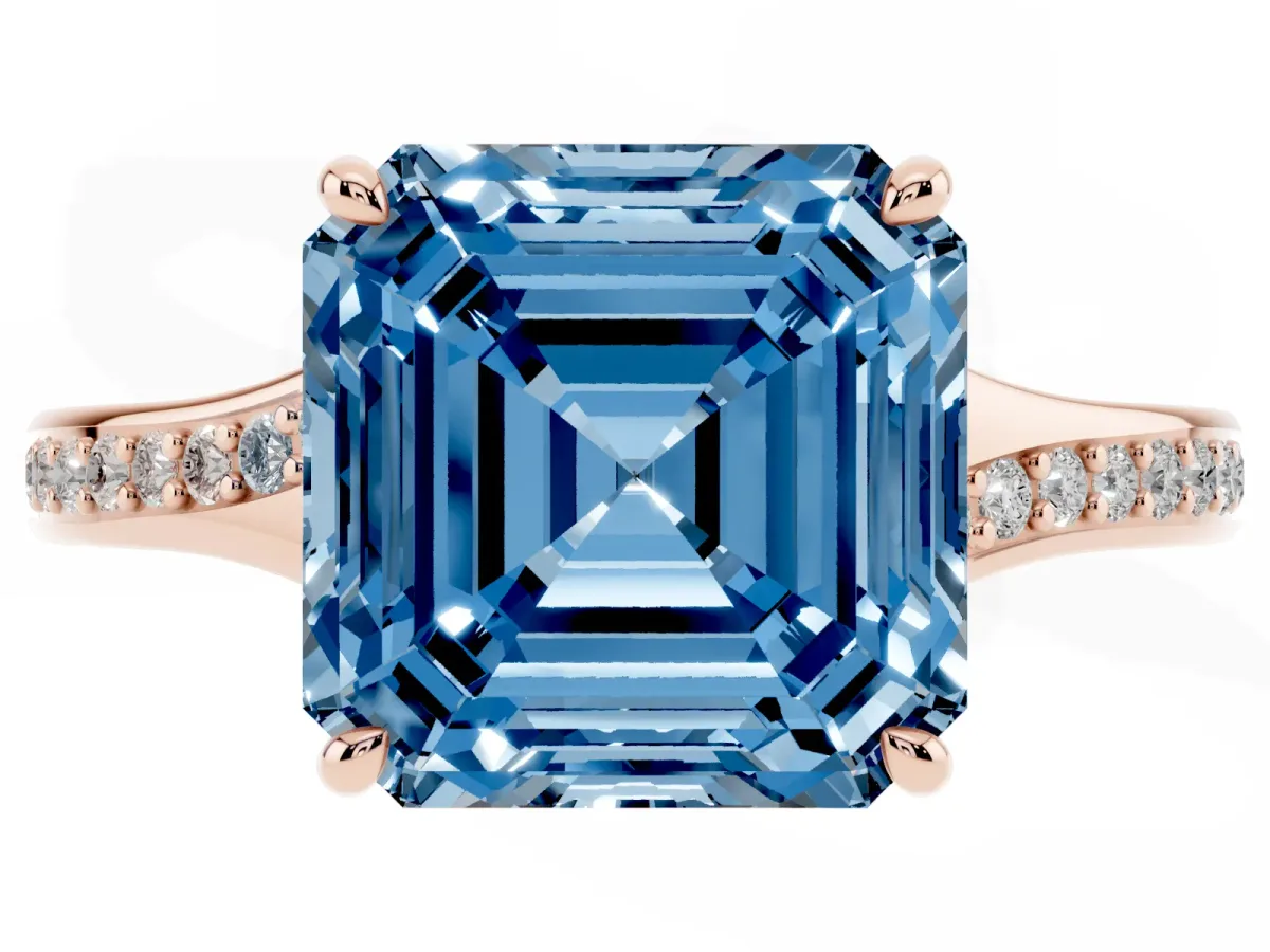Fancy Blue Asscher Cut Diamond Solitaire Ring with Pavé Band and Prong Setting Rose gold