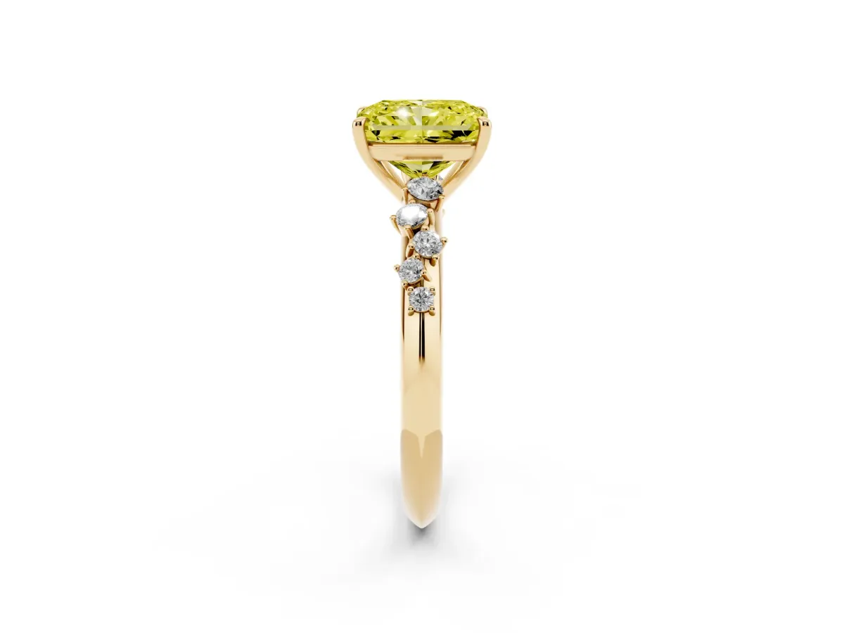 Fancy Yellow Radiant Cut Diamond Cluster Side Stone Solitaire Ring with Prong Setting Yellow gold