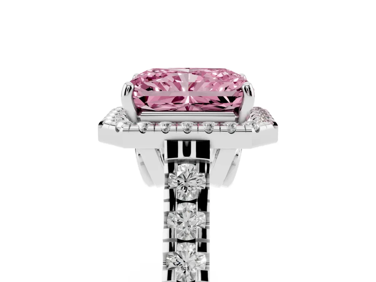 Fancy Pink Radiant Cut Halo Pavé Diamond Engagement Ring with Four-Prong Setting Silver