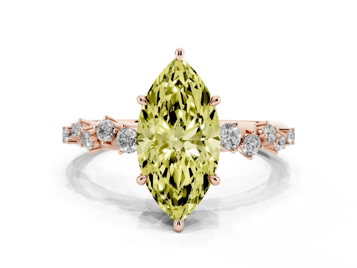 Fancy Yellow Marquise Cut Diamond Cluster Side Stone Solitaire Ring with Prong Setting Rose gold