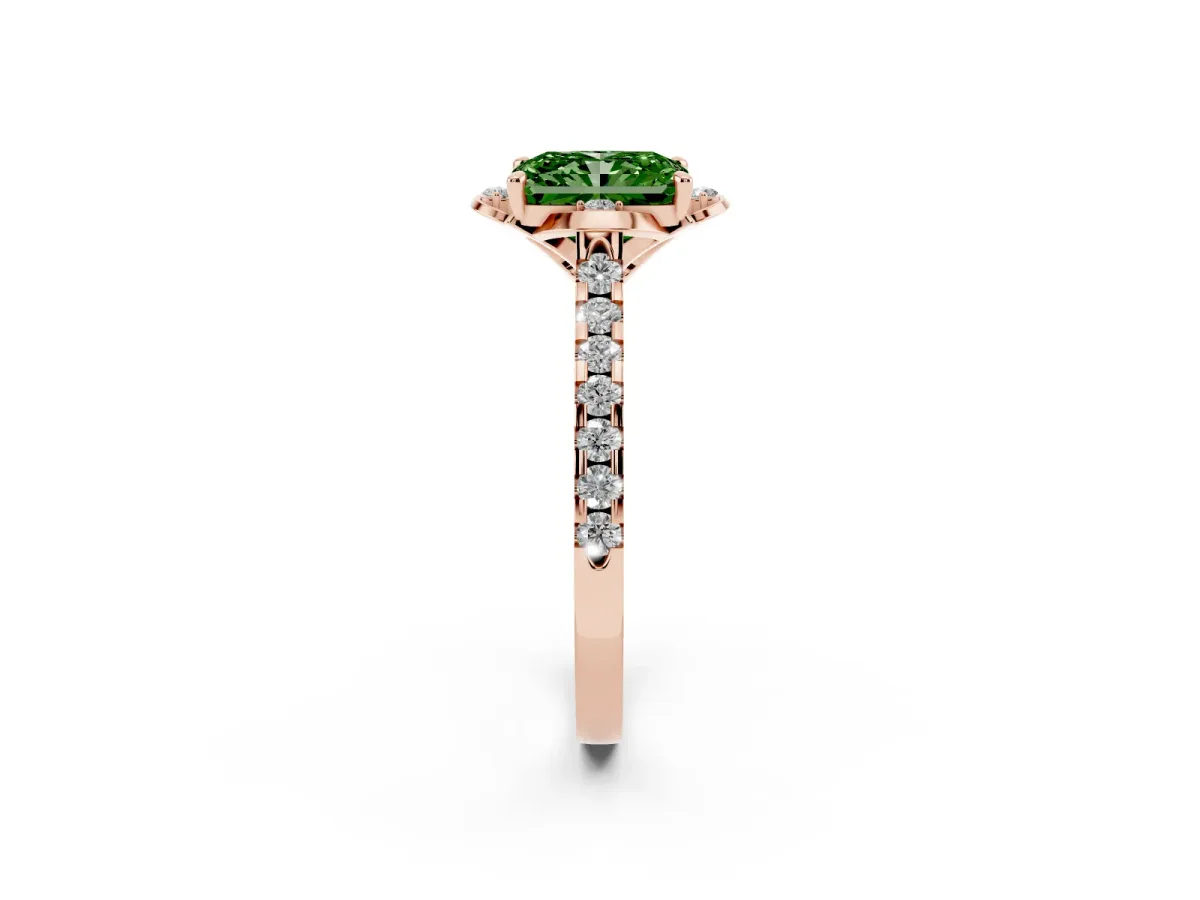 Fancy Green Radiant Cut Diamond Ring with Pavé Band and Floral Prong Setting Rose gold