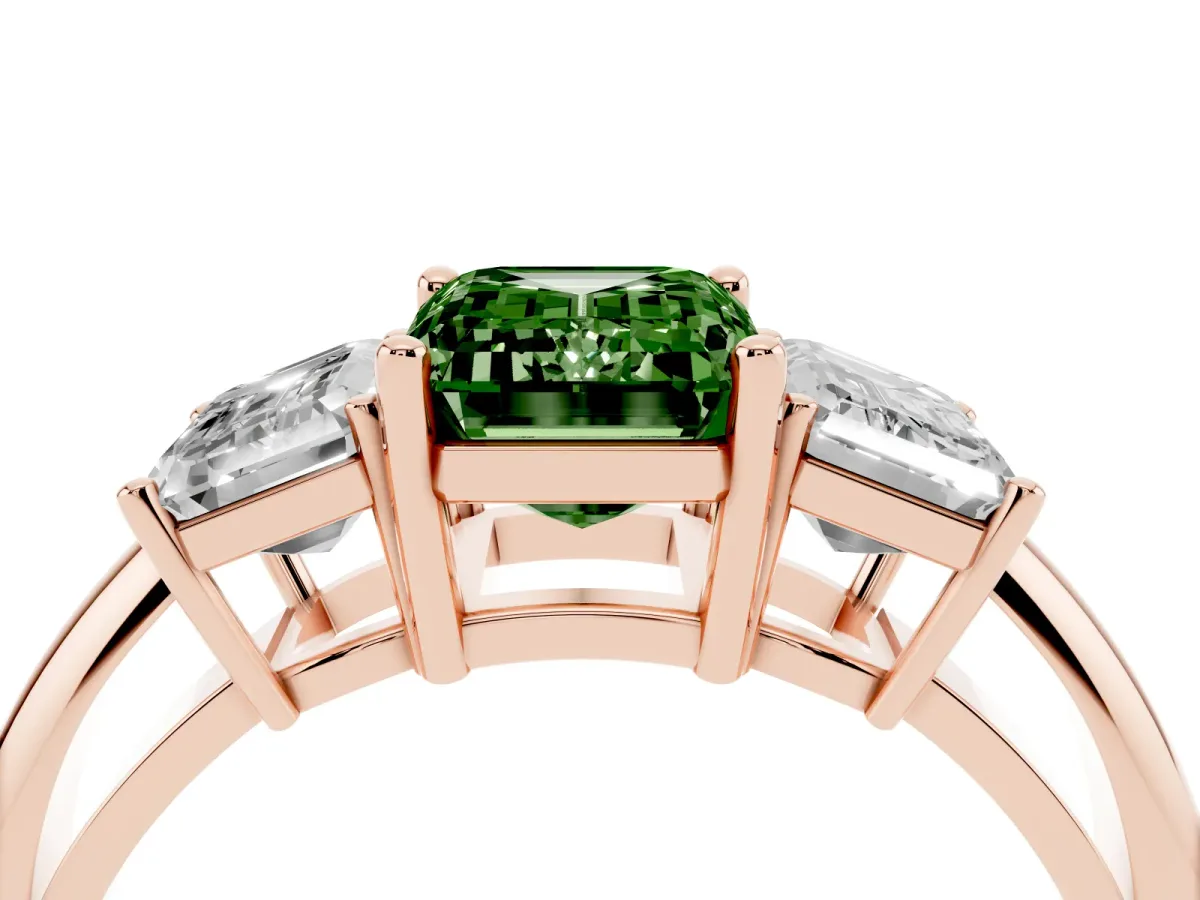 Fancy Green Three-Stone Emerald Cut Cut Diamond Engagement Ring with Prong Setting on a White Gold Band Rose gold
