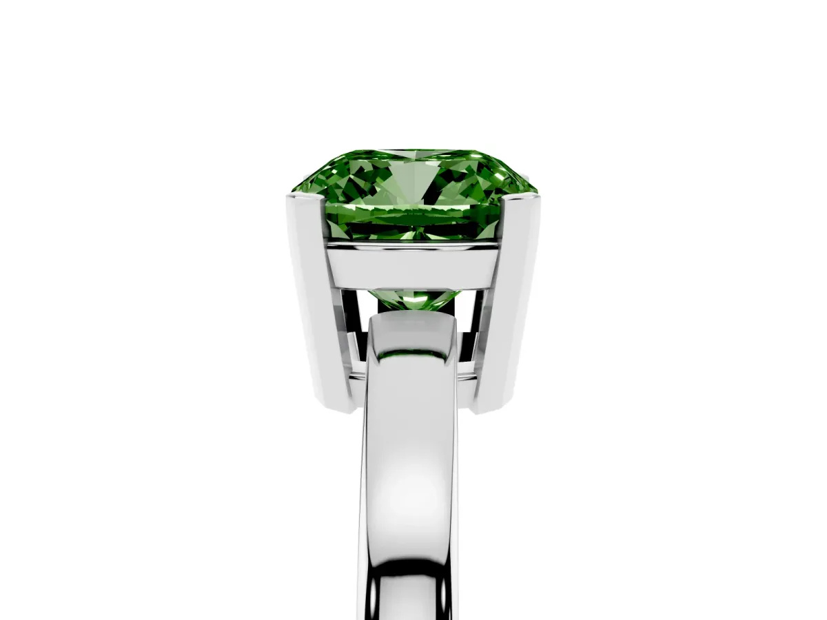 Fancy Green Cushion Cut Cut Solitaire Ring with Four-Prong Setting and Classic Band Silver