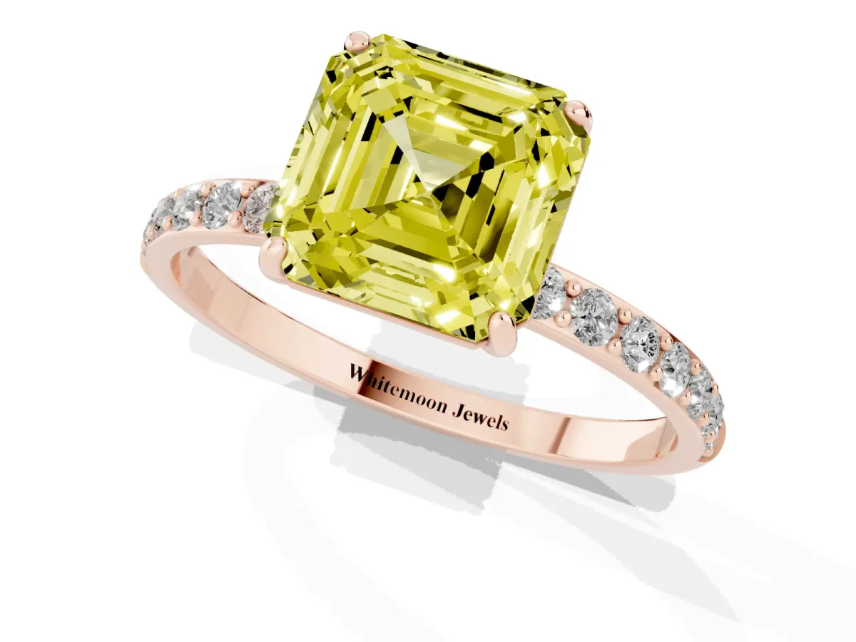 Fancy Yellow Asscher Cut Diamond Solitaire Ring with Round Pavé Shoulders and Prong Setting Rose gold