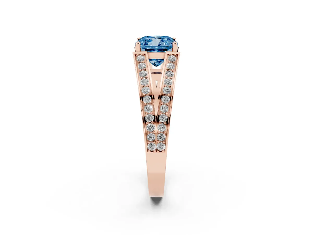 Fancy Blue Cushion Cut Diamond Split Shank Ring with Pavé Band and Four-Prong Setting Rose gold