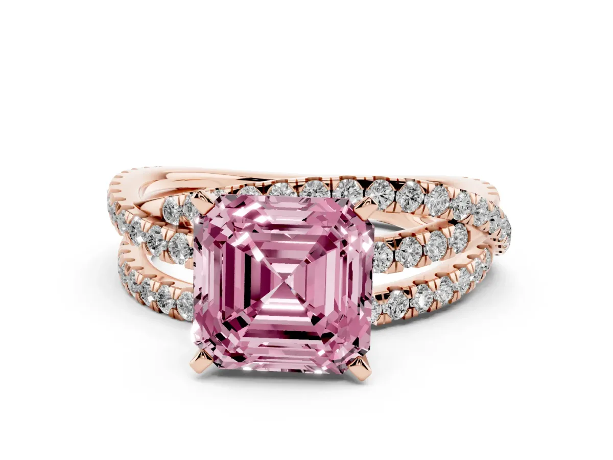 Fancy Pink Asscher Cut Solitaire Twist Band with Pavé Setting and Four-Prong Setting Rose gold