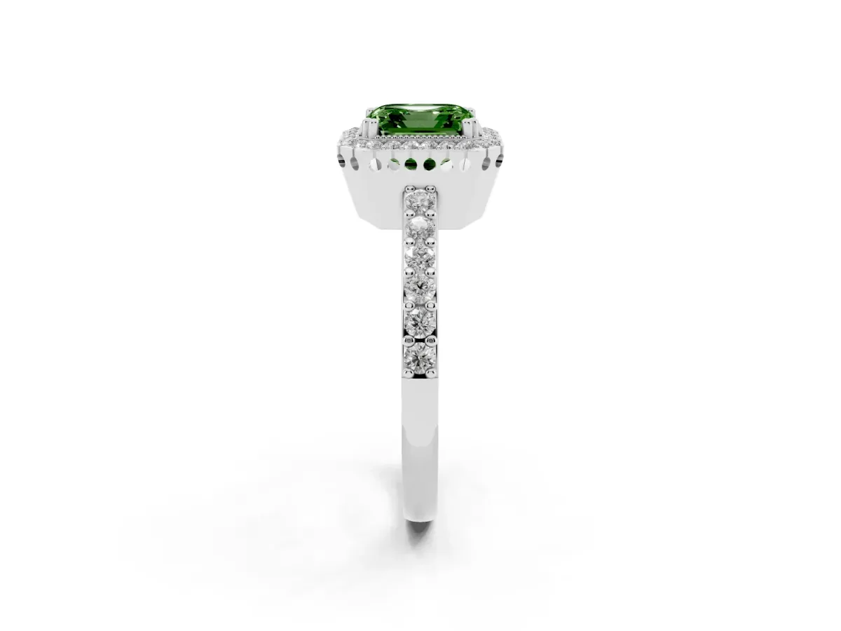 Fancy Green Asscher Cut Cut Diamond Halo Engagement Ring with Milgrain Detail and Pavé Band Platinum