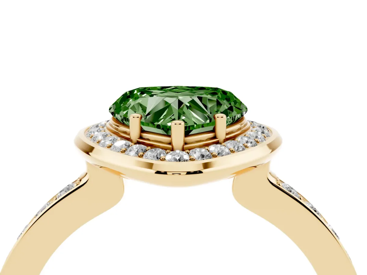 Fancy Green Heart Cut Diamond Halo Ring with Bezel Frame and Pavé Band Yellow gold