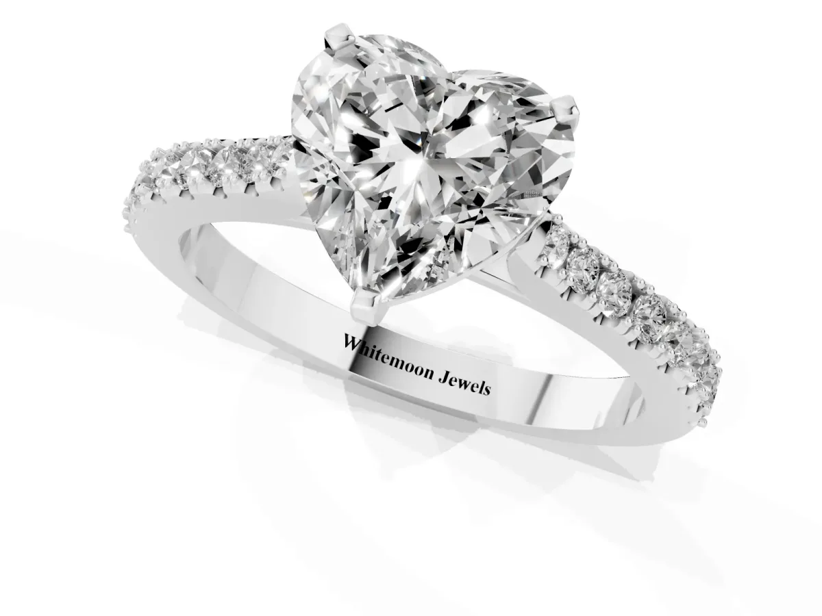Heart Cut Cut Solitaire Diamond Engagement Ring with Pave Band and Four-Prong Setting White gold