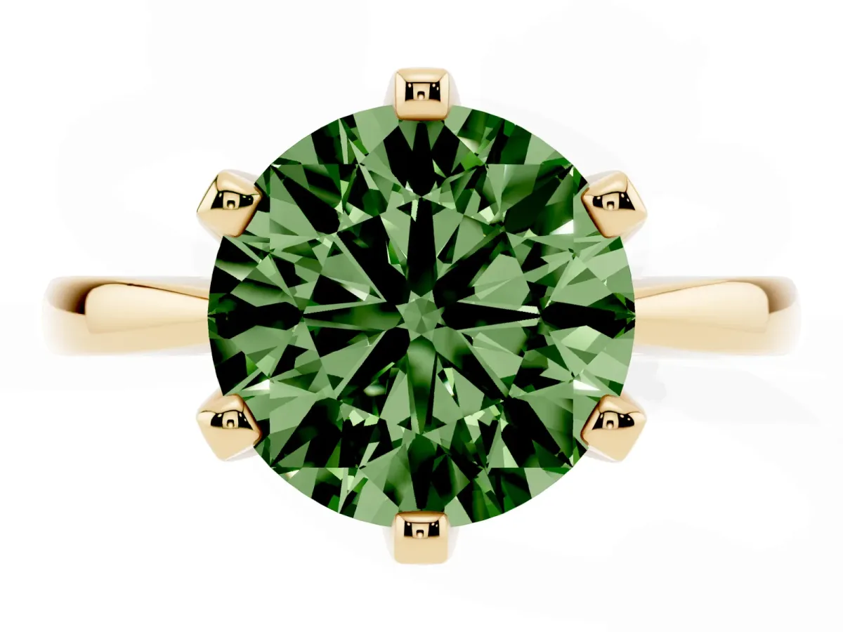 Fancy Green Round Cut Solitaire Engagement Ring with Six-Prong Setting and Tapered Band Yellow gold