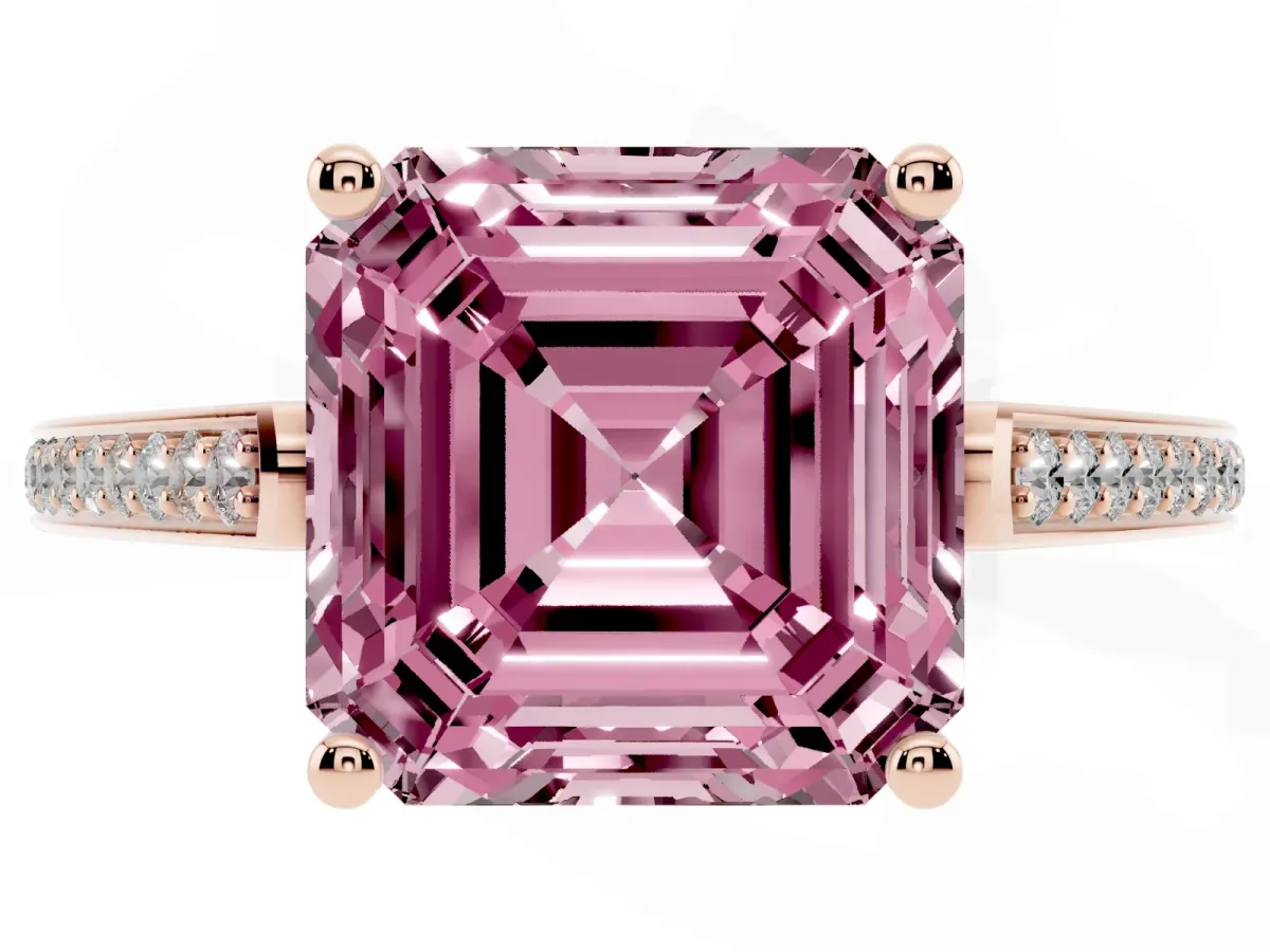 Fancy Pink Asscher Cut Cut Cathedral Pave Diamond Engagement Ring with Six-Prong Setting Rose gold