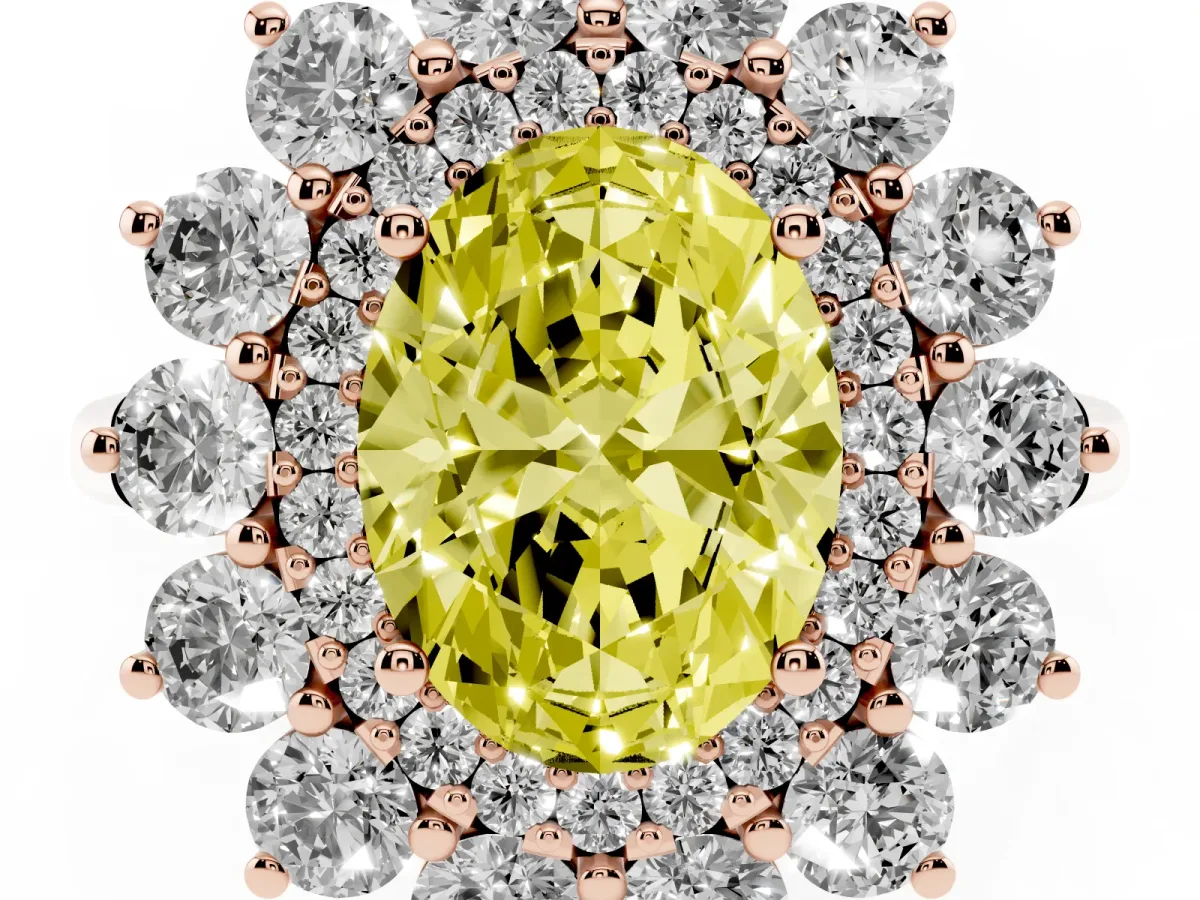 Fancy Yellow Oval Cut Diamond Floral Double Halo Engagement Ring with Prong Setting Rose gold