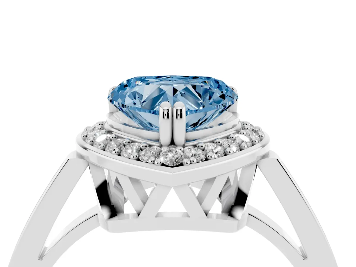 Fancy Blue Heart Cut Diamond Halo Ring with Split Shank and Four-Prong Setting Silver