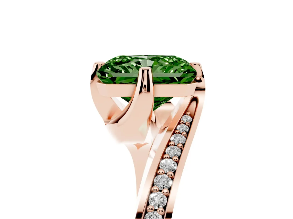 Fancy Green Radiant Cut Solitaire Diamond Twist Band with Pavé Setting and Four-Prong Setting Rose gold